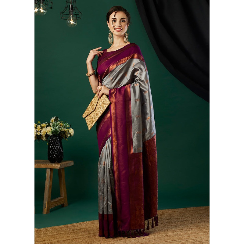 Grey Banarasi Silk Saree With Blouse Piece - JD986600013