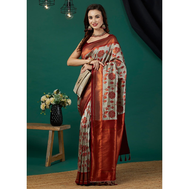 Grey Banarasi Silk Saree With Blouse Piece - JD986600014