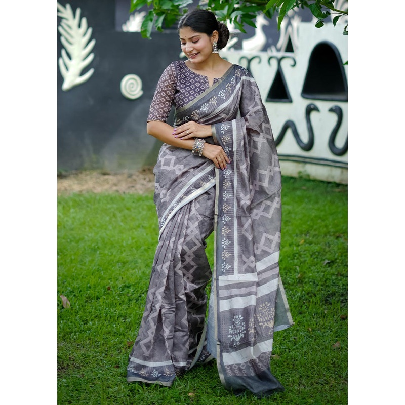 Grey Cotton Saree With Blouse Piece - JD986600012