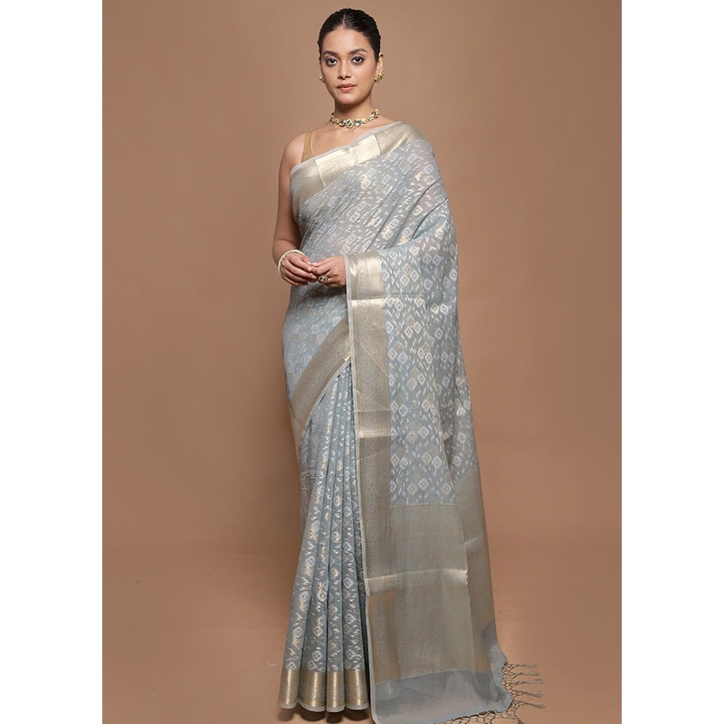 Grey Kora Silk Saree With Blouse Piece - JD986599925