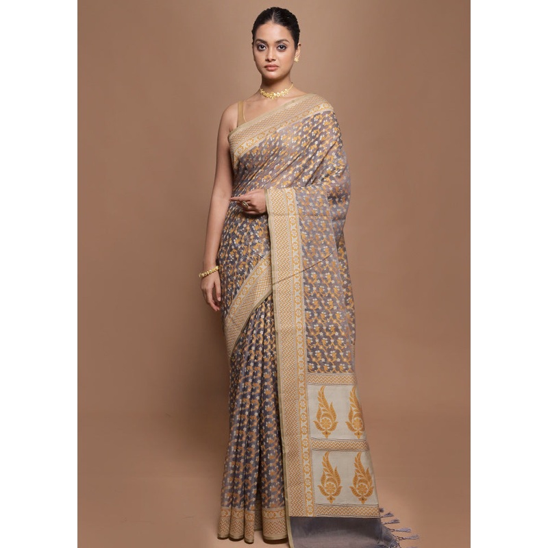 Grey Kora Silk Saree With Blouse Piece - JD986599926