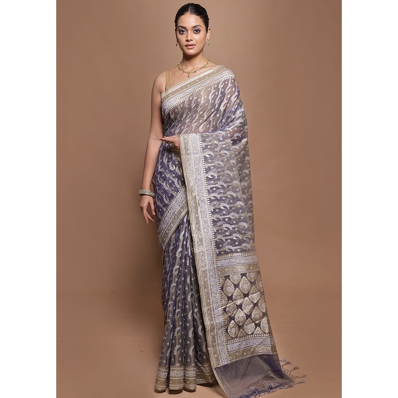Grey Kora Silk Saree With Blouse Piece - JD986599927