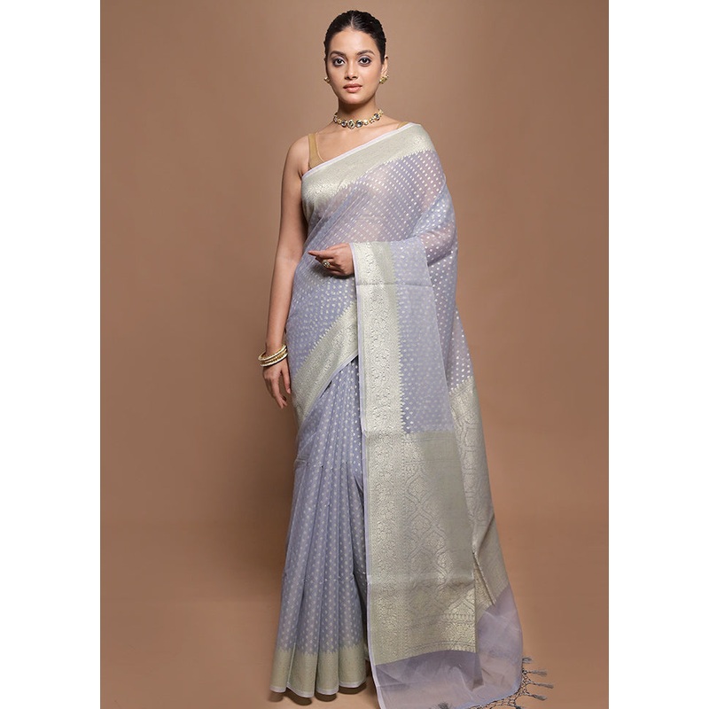 Grey Kora Silk Saree With Blouse Piece - JD986599929