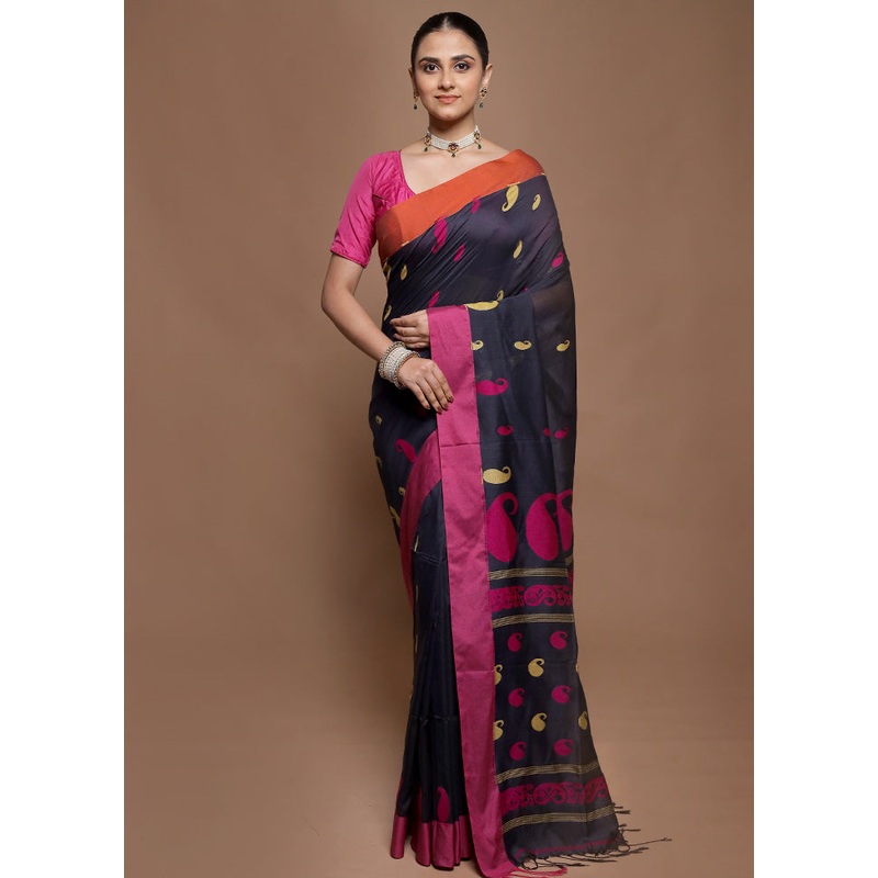 Grey Pure Cotton Saree With Blouse Piece - JD986599923