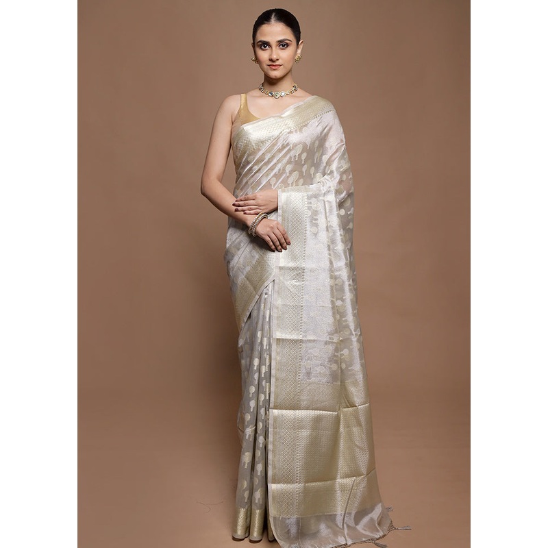 Grey Tissue Silk Saree With Blouse Piece - JD986599922