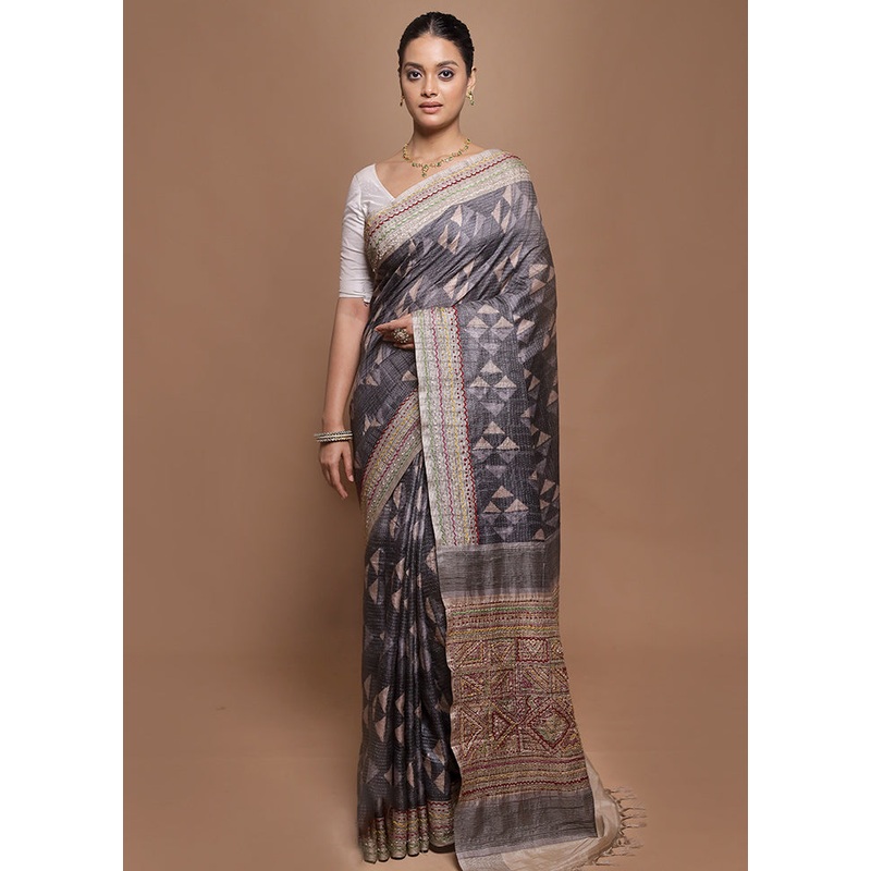 Grey Tussar Silk Saree With Blouse Piece - JD986599921