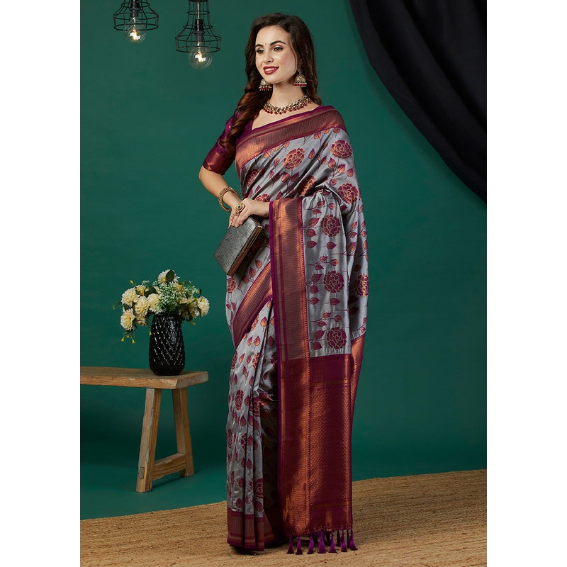 Lavender Banarasi Silk Saree With Blouse Piece - JD986600009