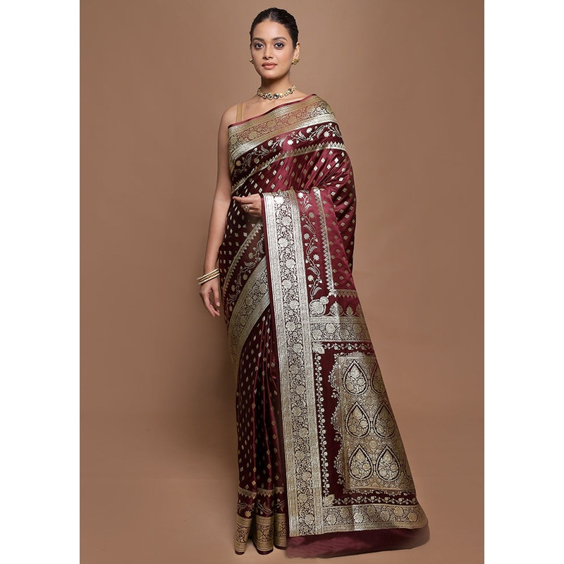 Maroon Banarasi Silk Saree With Blouse Piece - JD986599920