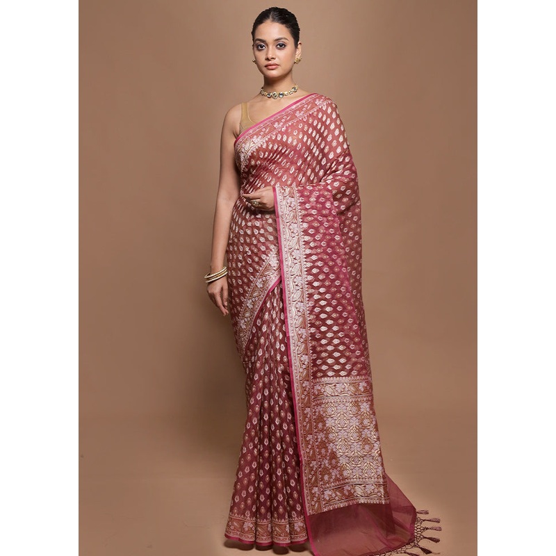 Maroon Kora Silk Saree With Blouse Piece - JD986599915