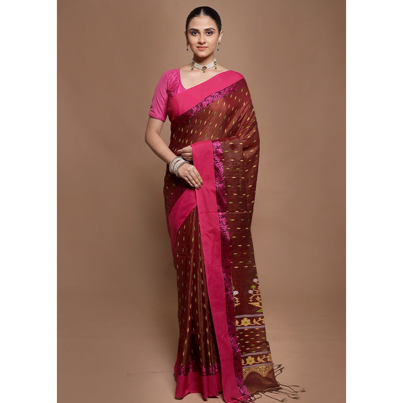 Maroon Pure Cotton Saree With Blouse Piece - JD986599914