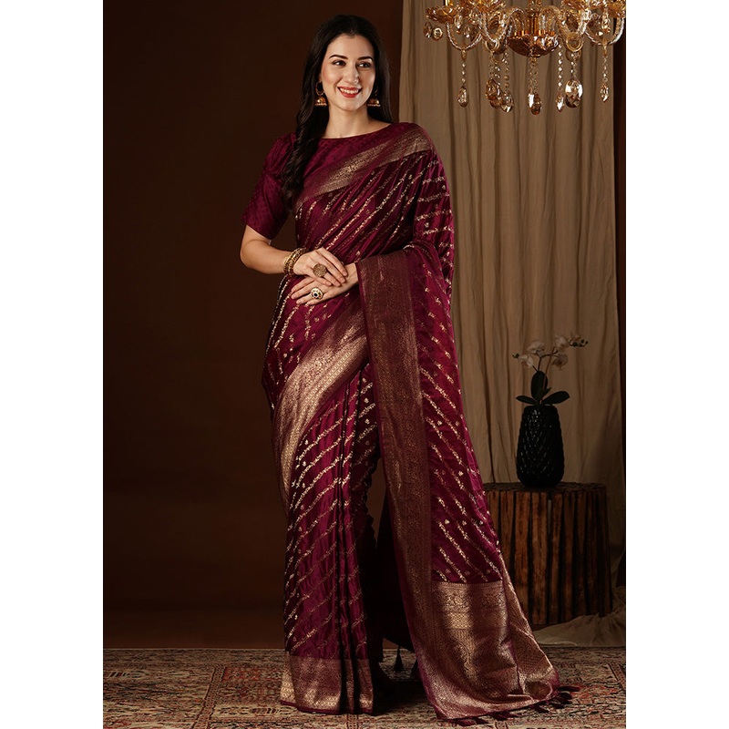 Maroon Satin Silk Saree With Blouse Piece - JD986600003