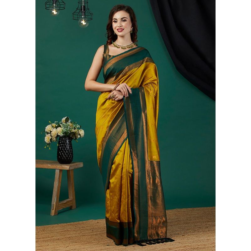 Mustard Banarasi Silk Saree With Blouse Piece - JD986599998