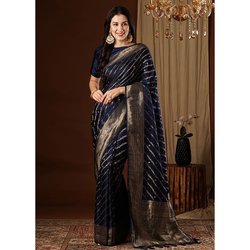 Navy Blue Satin Silk Saree With Blouse Piece - JD986599996