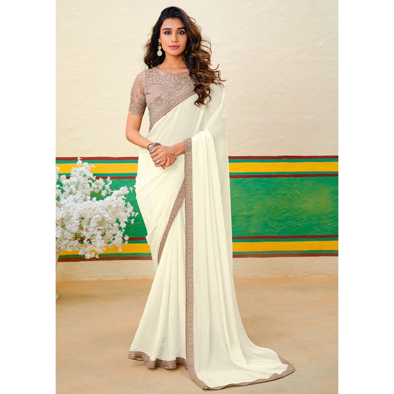 Off White Georgette Saree With Blouse Piece - JD986599994