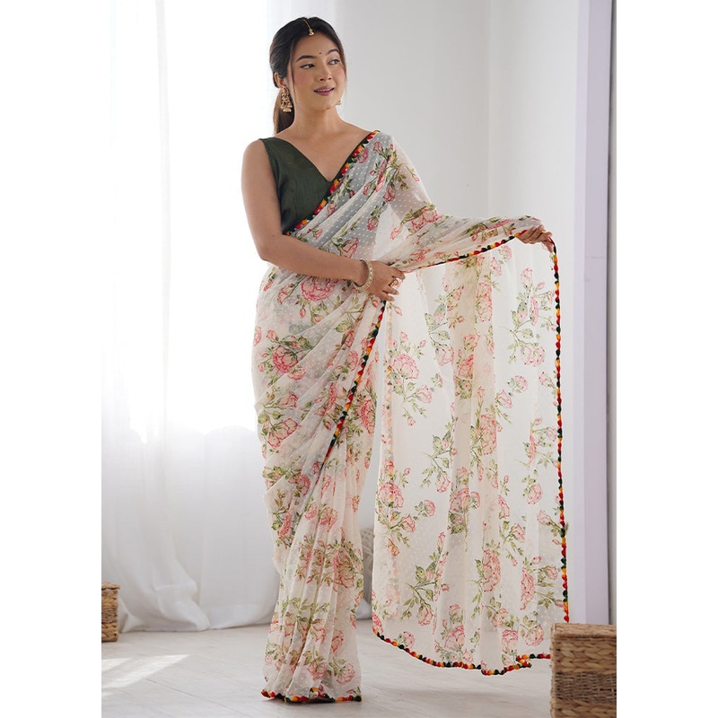 Off White Georgette Saree With Blouse Piece - JD986599995