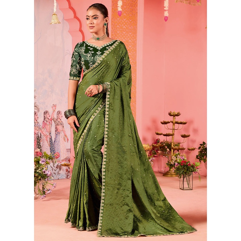Olive Green Satin Silk Saree With Blouse Piece - JD986599993