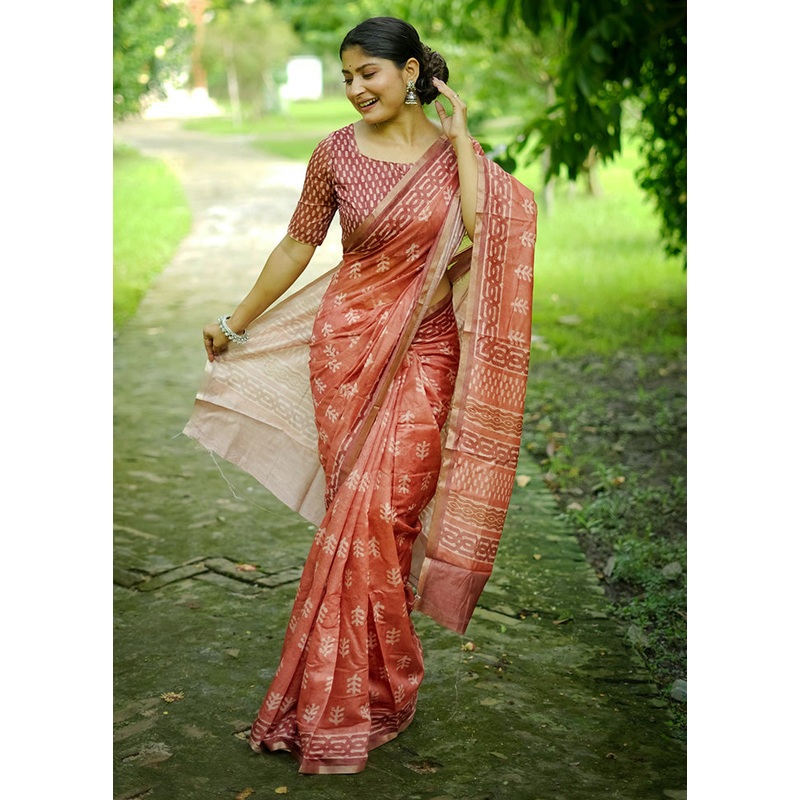 Orange Cotton Saree With Blouse Piece - JD986599992