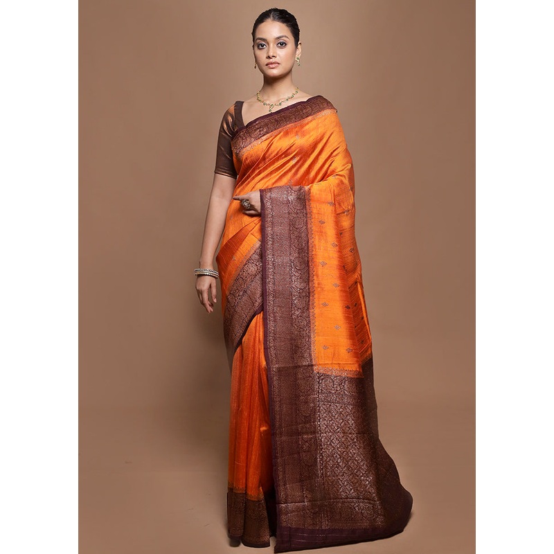 Orange Handloom Tussar Pure Silk Saree With Blouse Piece - JD986599912