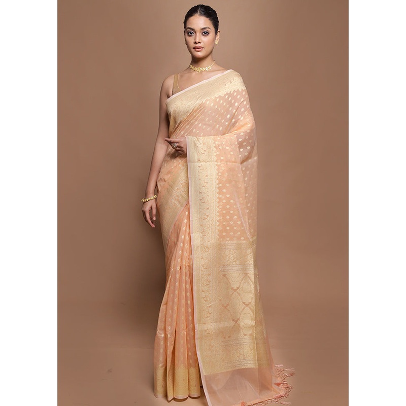 Peach Kora Silk Saree With Blouse Piece - JD986599909