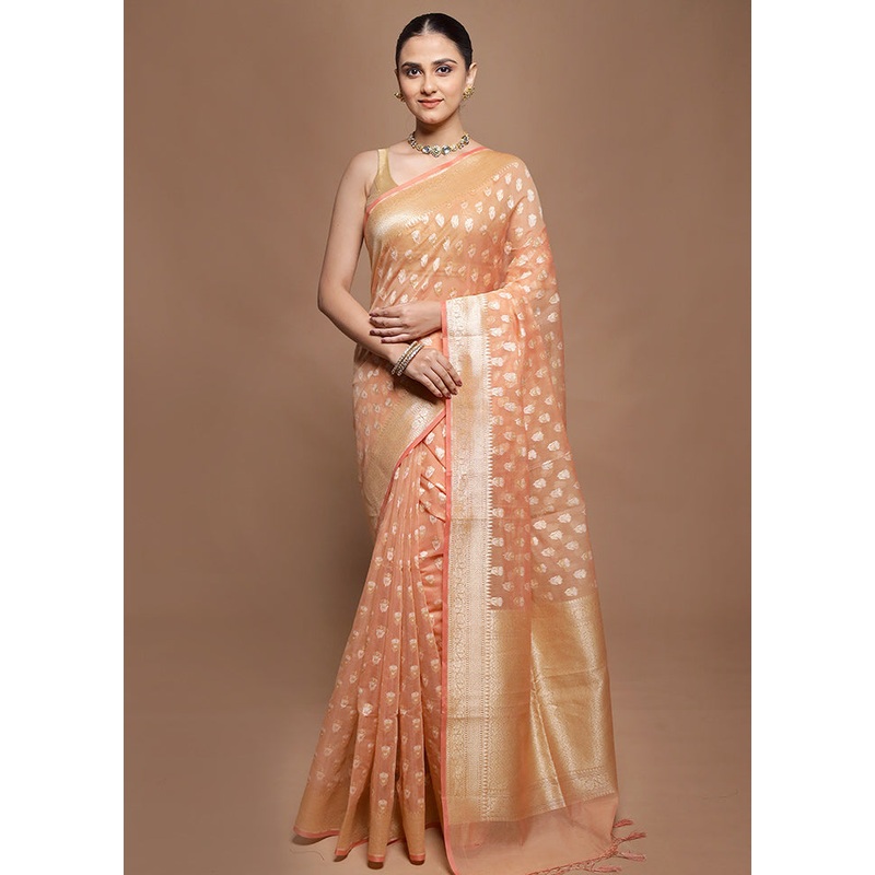 Peach Kora Silk Saree With Blouse Piece - JD986599910