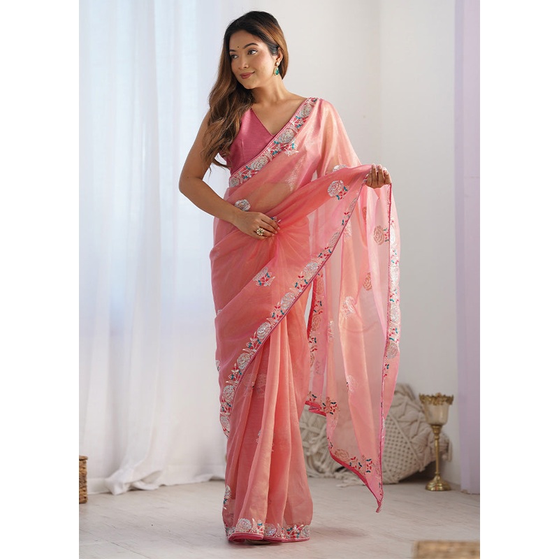 Peach Net Net Saree With Blouse Piece - JD986599988
