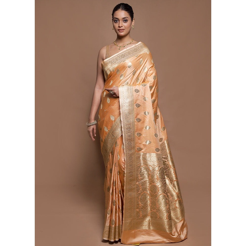 Peach Tanchoi Silk Saree With Blouse Piece - JD986599908