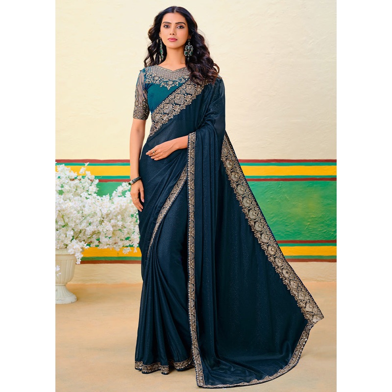 Peacock Blue Georgette Saree With Blouse Piece - JD986599986