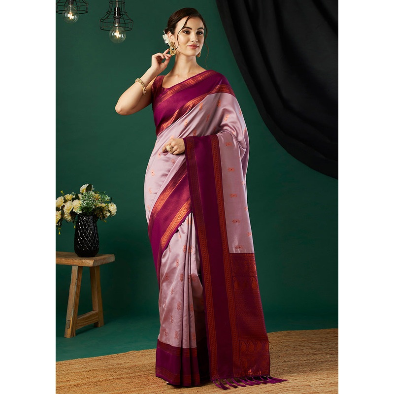 Pink Banarasi Silk Saree With Blouse Piece - JD986599984