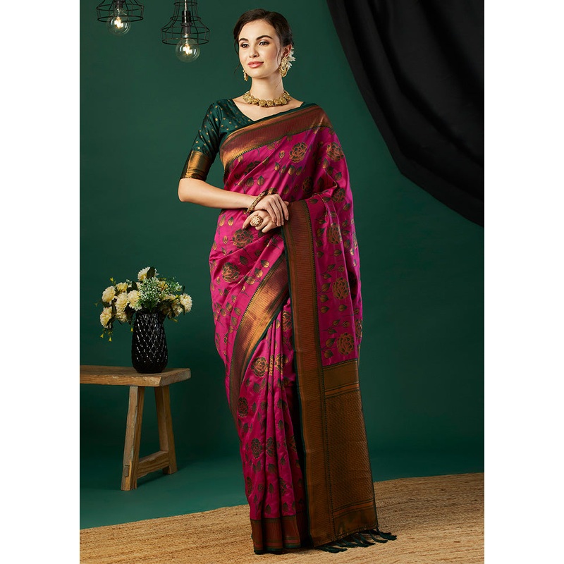 Pink Banarasi Silk Saree With Blouse Piece - JD986599985