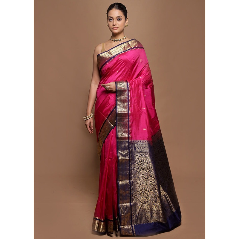 Pink Handloom Kanjivaram Pure Silk Saree With Blouse Piece - JD986599904