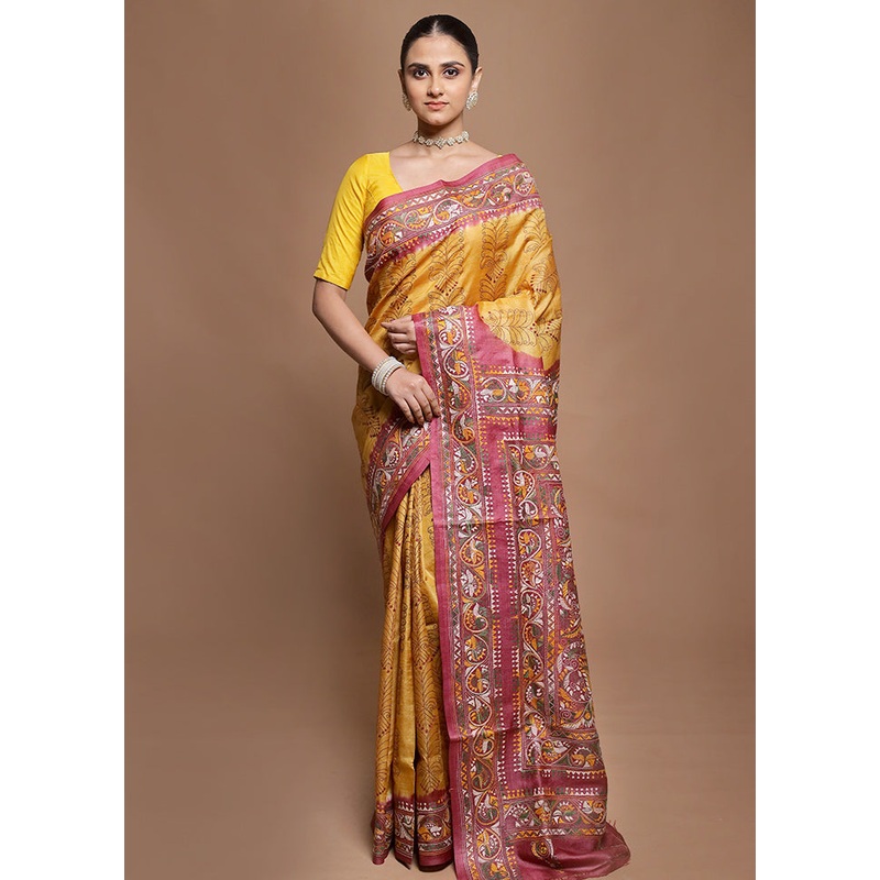Pink Handloom Kantha Stitch Pure Silk Saree With Blouse Piece - JD986599903