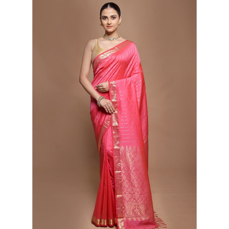 Pink Kanjivaram Silk Saree With Blouse Piece - JD986599894