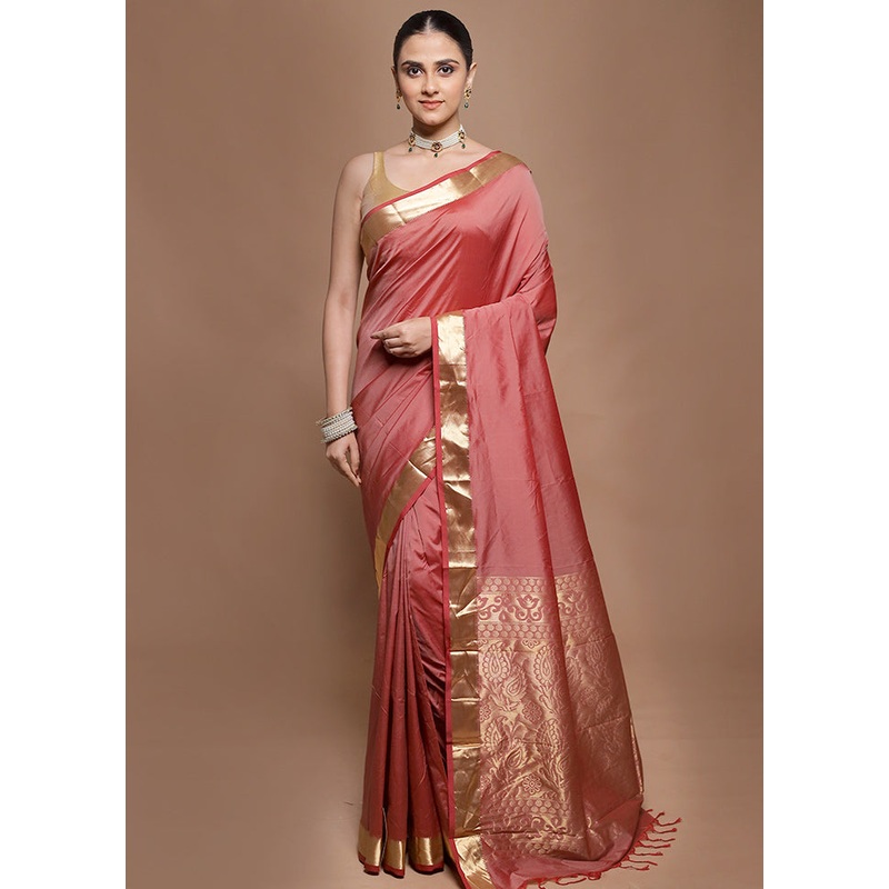 Pink Kanjivaram Silk Saree With Blouse Piece - JD986599896