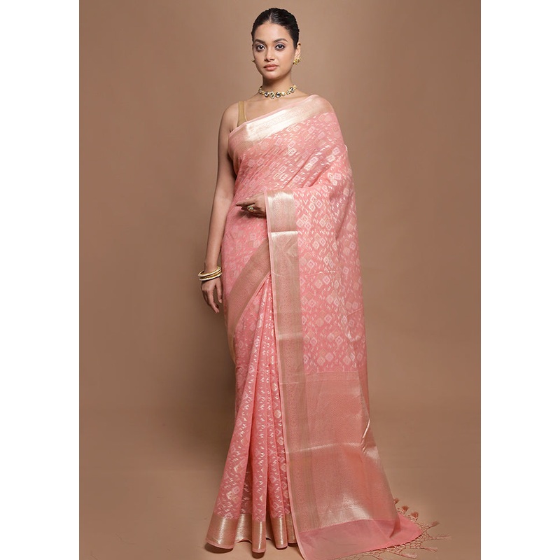 Pink Kora Silk Saree With Blouse Piece - JD986599883