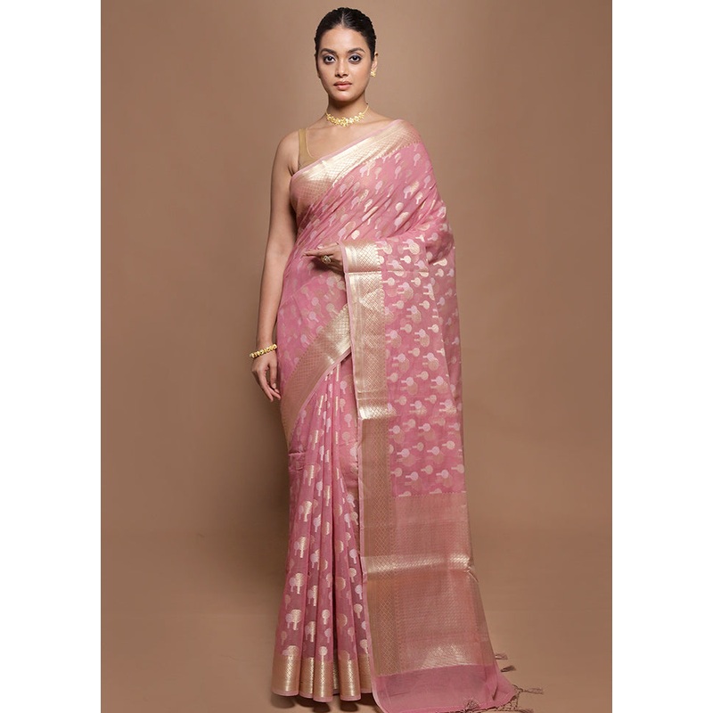 Pink Kora Silk Saree With Blouse Piece - JD986599884