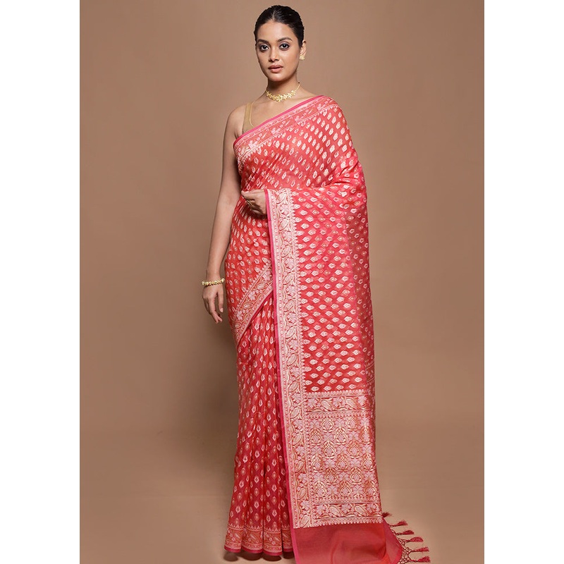 Pink Kora Silk Saree With Blouse Piece - JD986599889