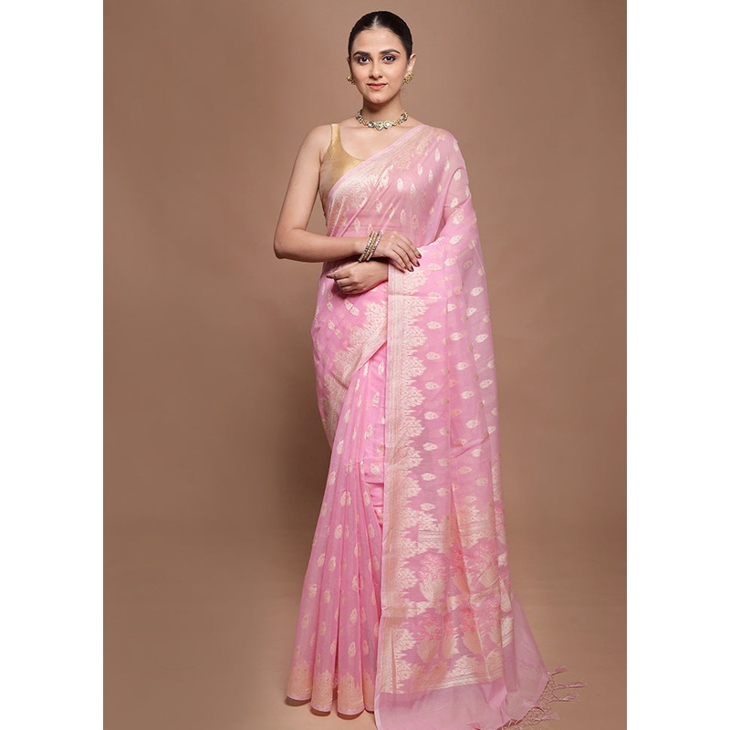 Pink Kora Silk Saree With Blouse Piece - JD986599890