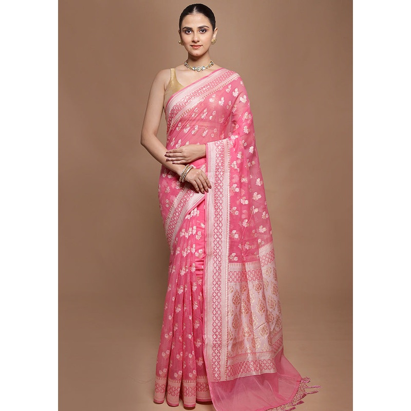 Pink Kora Silk Saree With Blouse Piece - JD986599891