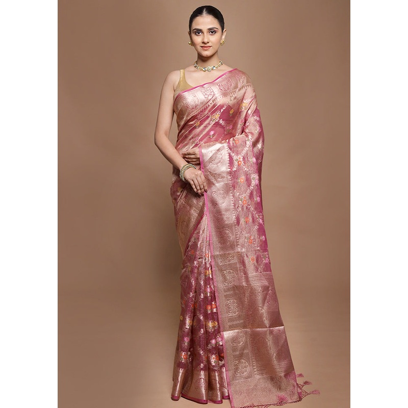 Pink Tissue Silk Saree With Blouse Piece - JD986599878