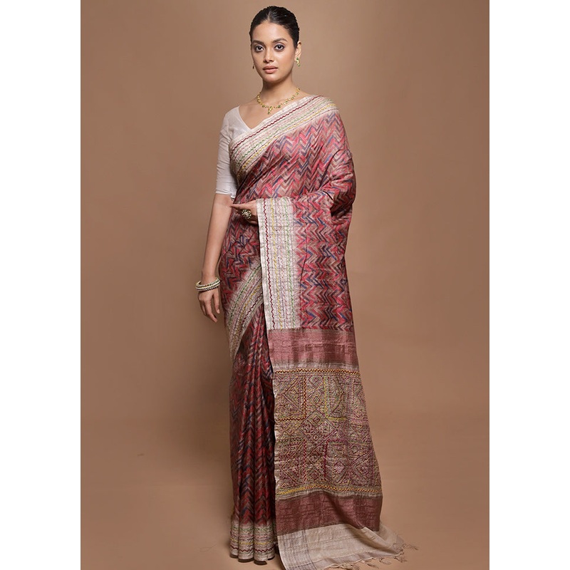 Pink Tussar Silk Saree With Blouse Piece - JD986599876