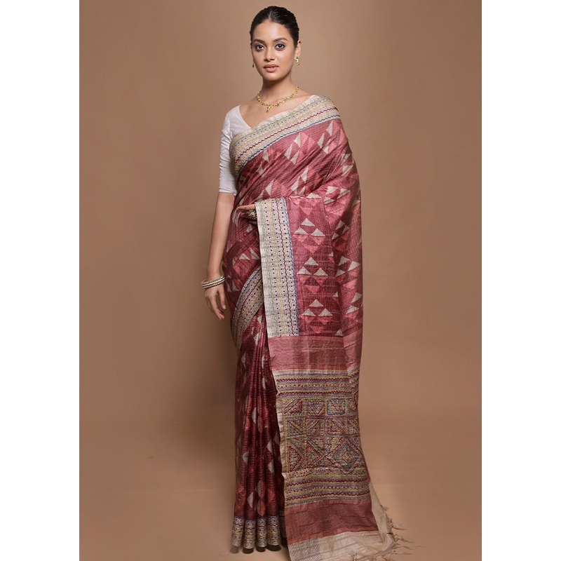 Pink Tussar Silk Saree With Blouse Piece - JD986599877