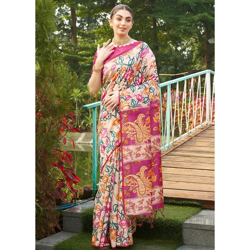 Pink Tussar Silk Saree With Blouse Piece - JD986599977