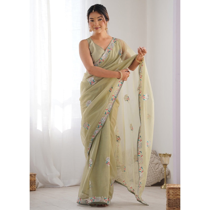 Pista Green Net Net Saree With Blouse Piece - JD986599976