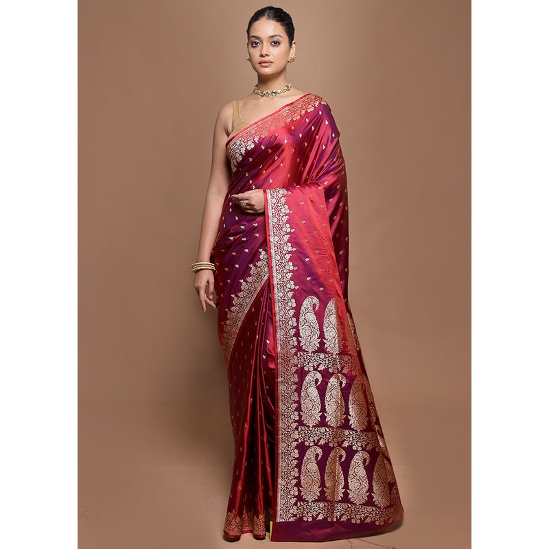 Purple Banarasi Silk Saree With Blouse Piece - JD986599875
