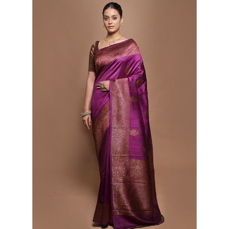 Purple Handloom Tussar Pure Silk Saree With Blouse Piece - JD986599873