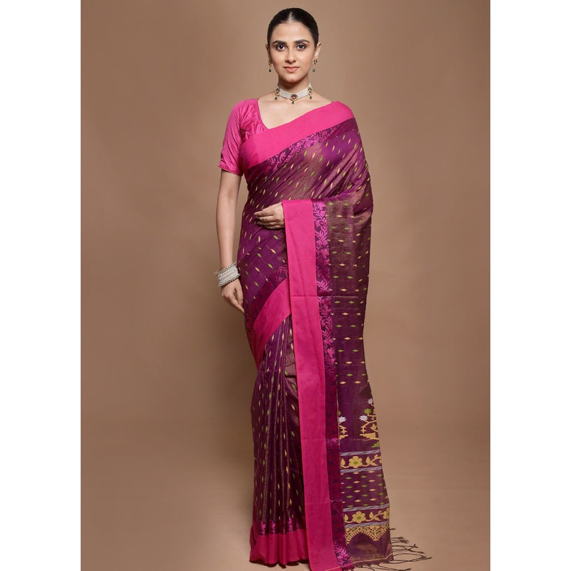 Purple Pure Cotton Saree With Blouse Piece - JD986599862