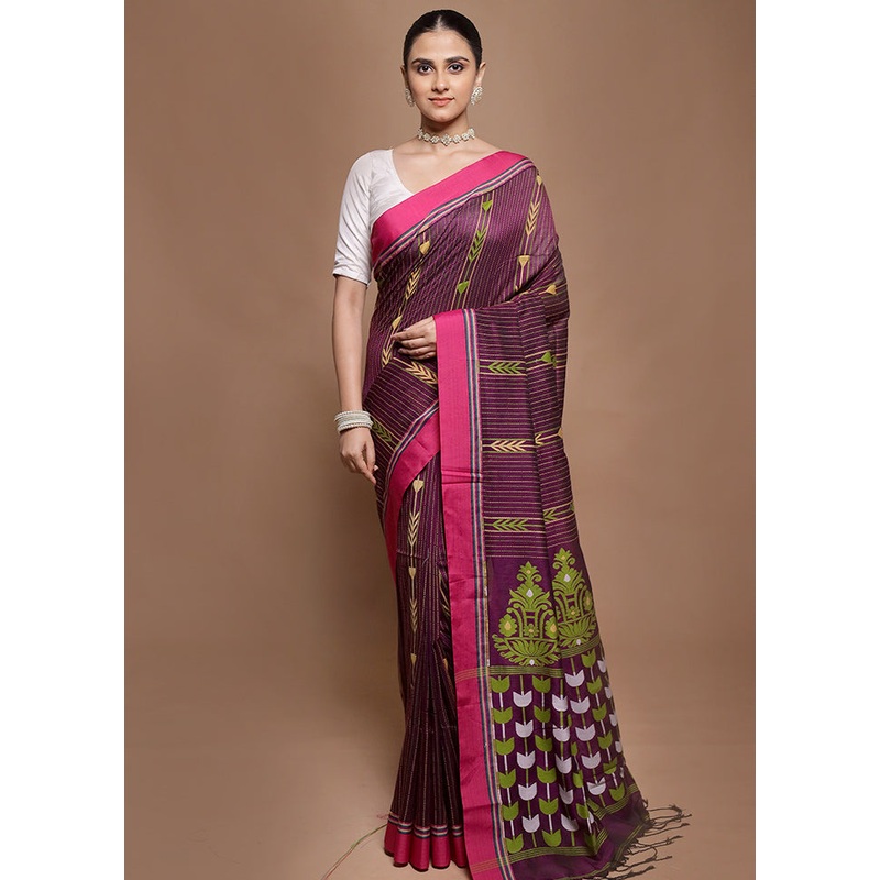 Purple Pure Cotton Saree With Blouse Piece - JD986599863