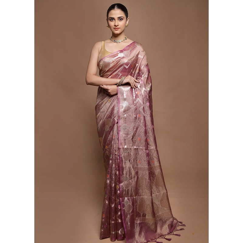 Purple Tissue Silk Saree With Blouse Piece - JD986599861