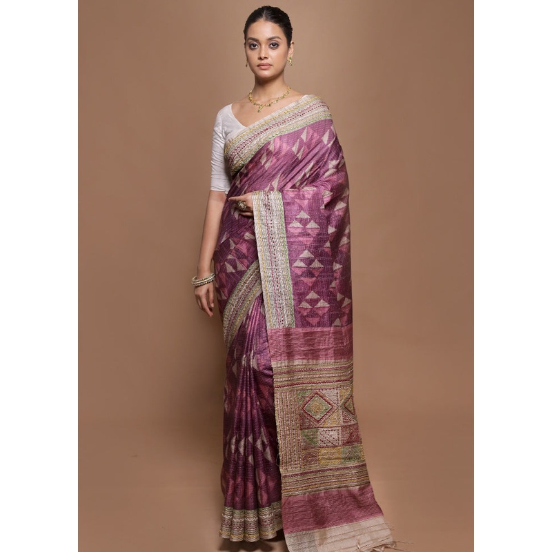Purple Tussar Silk Saree With Blouse Piece - JD986599859