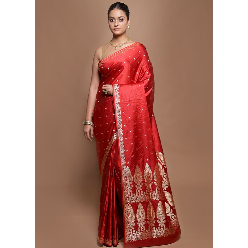 Red Banarasi Silk Saree With Blouse Piece - JD986599856